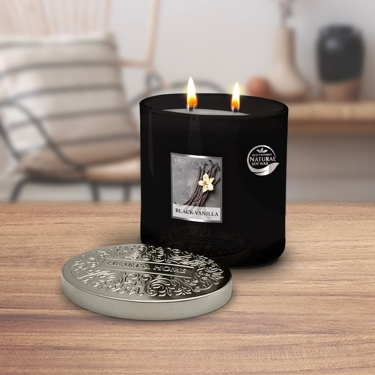 Heart & Home Black Vanilla Twin Wick Ellipse Soy Candle - 40 Hours Burn
