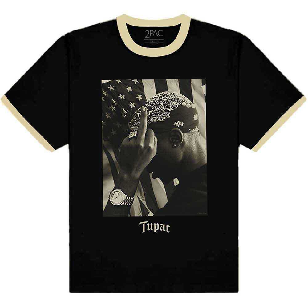 Tupac Unisex T-Shirt Flag Photo (Ringer) Black (M)