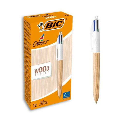 BIC 4 Colours Wood Effect Ballpoint Pen 1.0mm Tip Black/Blue/Green/Red Ink (12pk)