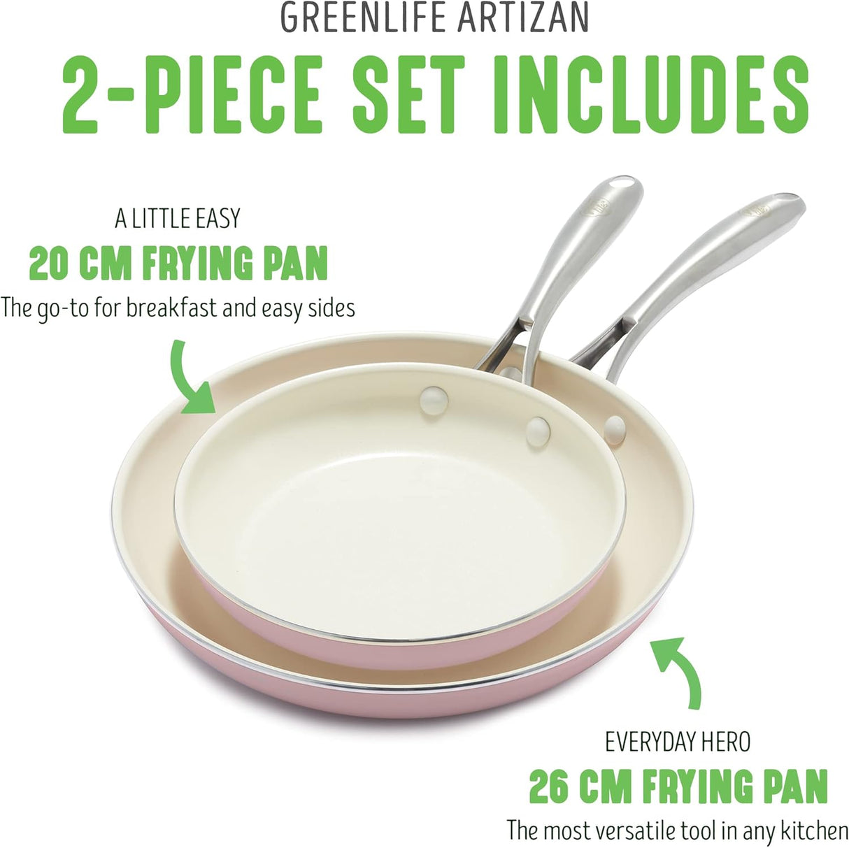 GreenLife Artizan 26cm & 20cm Frying Pan Set Ceramic Non-Stick (Pink)