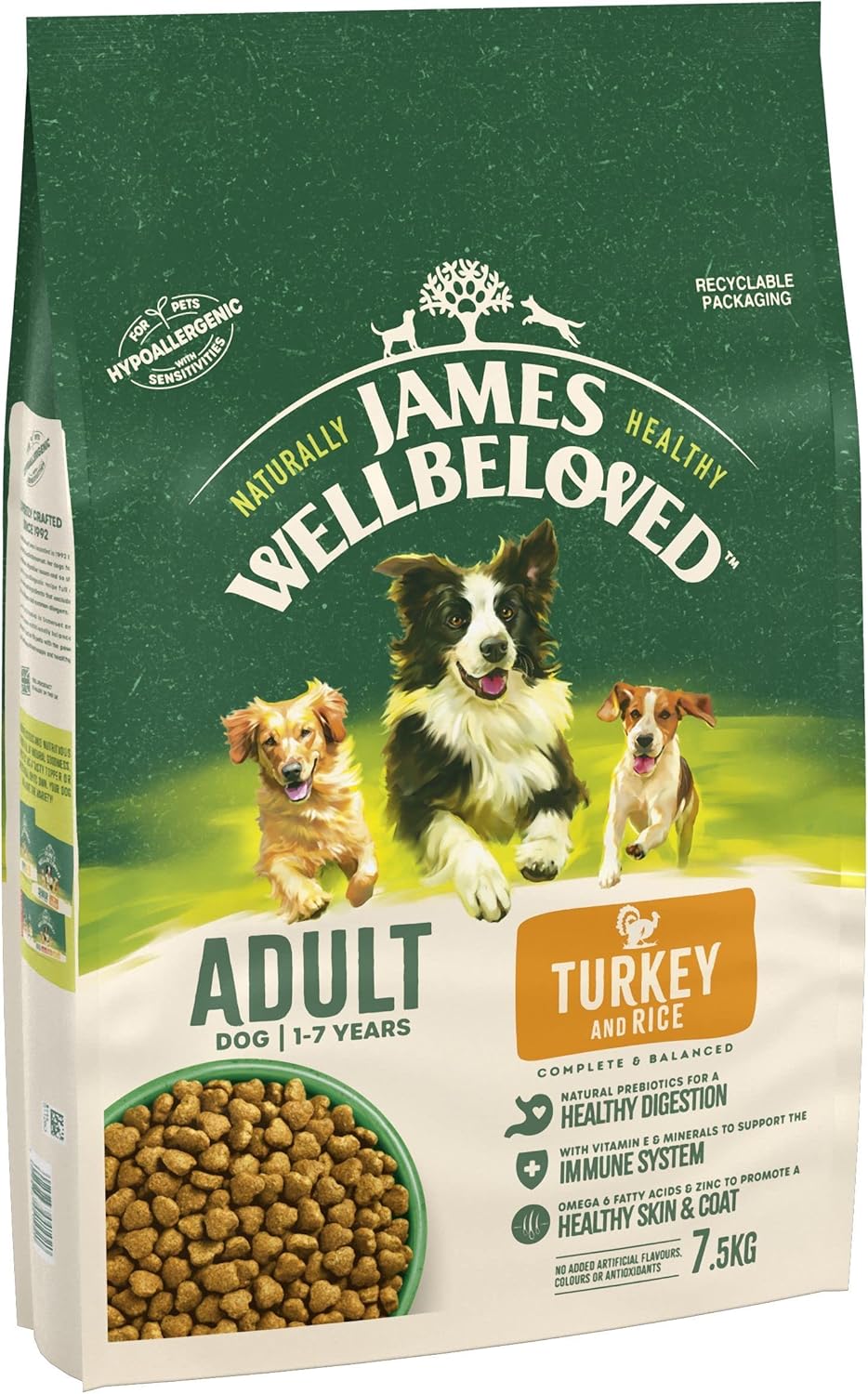 James Wellbeloved Adult Dry Dog Food - Turkey & Rice Kibble 7.5kg Bag