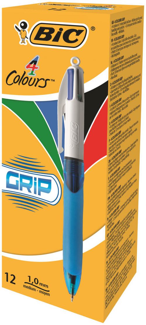BIC 4 Colours Comfort Grip Ballpoint Pen 1.0mm Tip Blue/White Barrel Black/Blue/Green/Red Ink (12pk)
