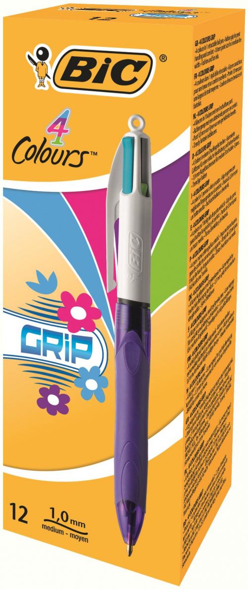 BIC 4 Colours Grip Fashion Ballpoint Pen 1.0mm Tip Purple/White Barrel Lime Green/Pink/Purple/Turquoise Ink (12pk)