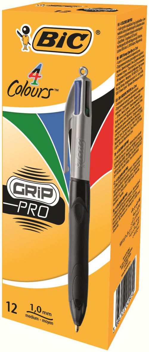 BIC 4 Colours Grip Pro Ballpoint Pen 1.0mm Tip Black/Silver Barrel Black/Blue/Green/Red Ink (12pk)