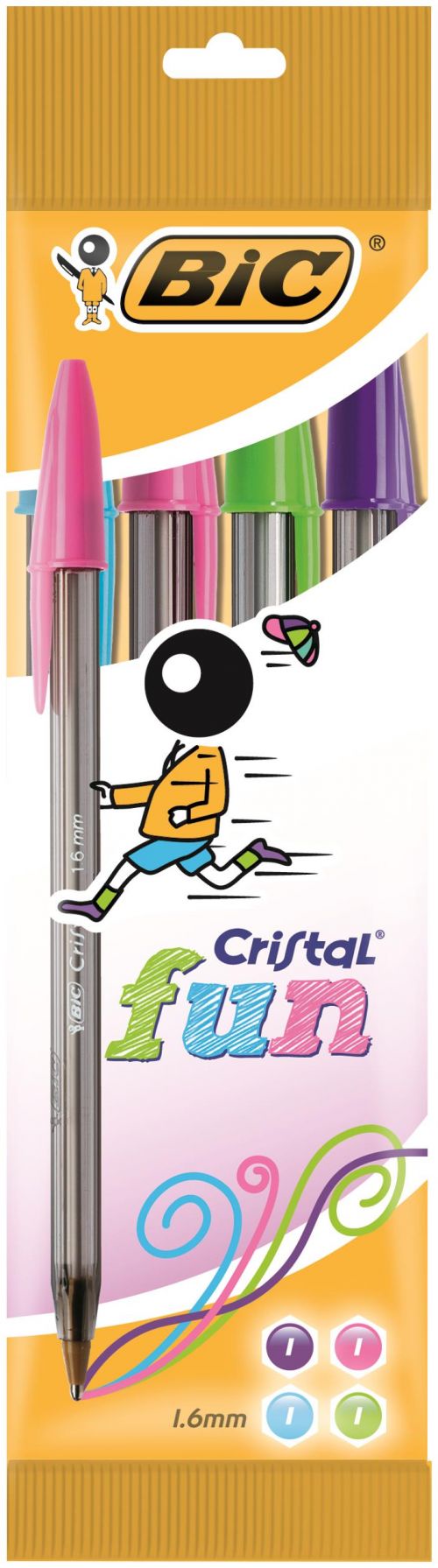 BIC Cristal Fun Ballpoint Pen 1.6mm Tip Lime Green/Pink/Purple/Turquoise (4pk)