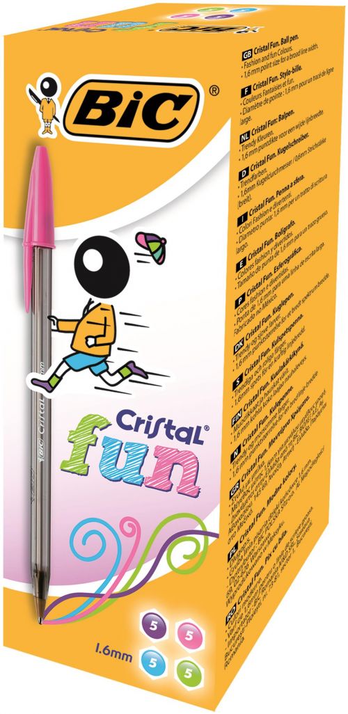 BIC Cristal Fun Ballpoint Pen 1.6mm Tip Lime Green/Pink/Purple/Turquoise (20pk)