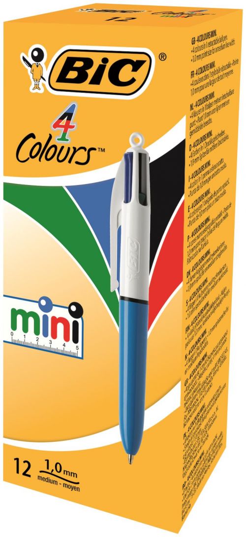 BIC 4 Colours Mini Ballpoint Pen 1.0mm Tip Blue=White Barrel Black/Blue/Green/Red Ink (12pk)
