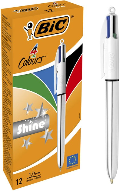 BIC 4 Colours Shine Ballpoint Pen 1.0mm Tip Silver Barrel Black/Blue/Green/Red Ink (12pk)