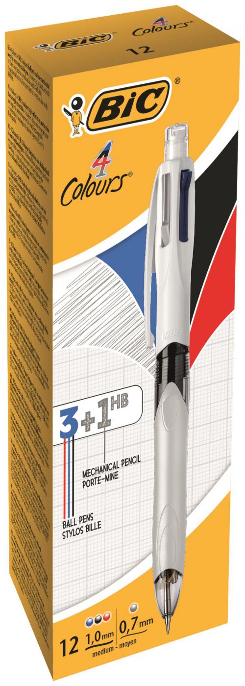 BIC 4 Colours Multifunction Ballpoint Pen and Pencil 1.0mm Tip 0.7mm Lead Silver/White Barrel Black/Blue/Red (12pk)