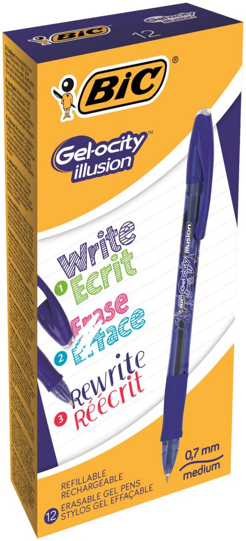 BIC Gelocity Illusion Erasable Gel Rollerball Pen 0.7mm Tip Blue (12pk)