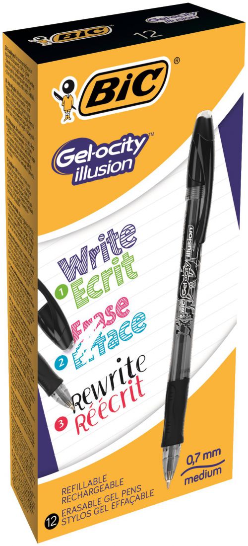 BIC Gelocity Illusion Erasable Gel Rollerball Pen 0.7mm Tip Black (12pk)