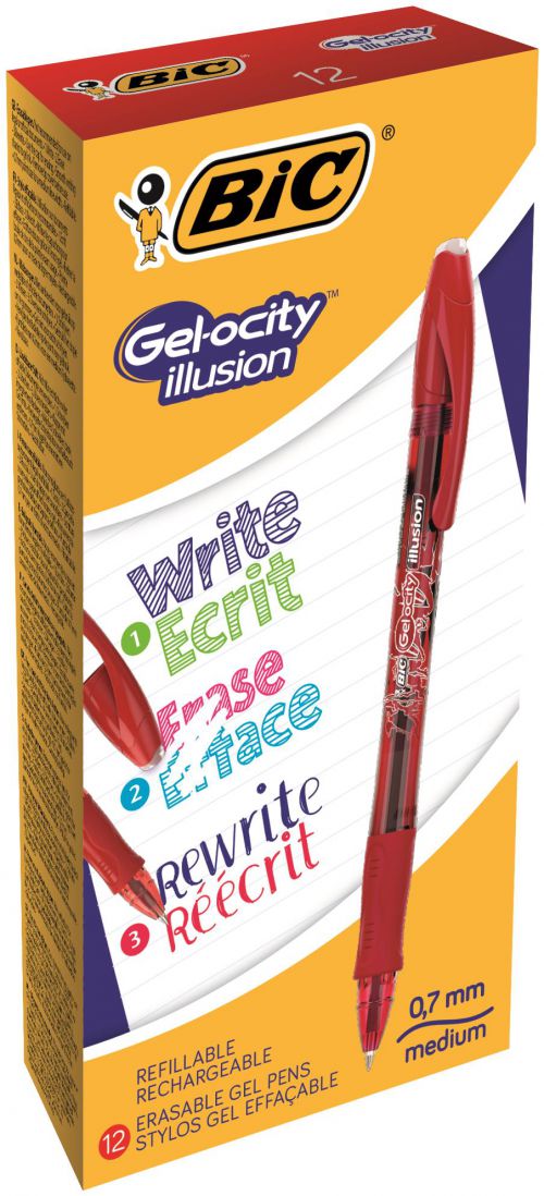 BIC Gelocity Illusion Erasable Gel Rollerball Pen 0.7mm Tip Red (12pk)