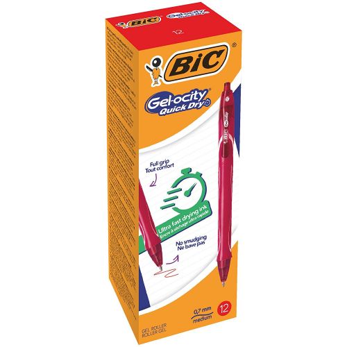 BIC Gelocity Quick Dry Gel Retractable Rollerball Pen 0.7mm Tip Red (12pk)