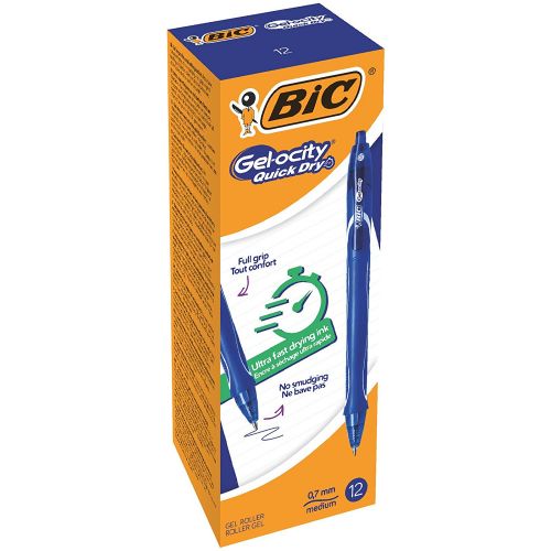 BIC Gelocity Quick Dry Gel Retractable Rollerball Pen 0.7mm Tip Blue (12pk)