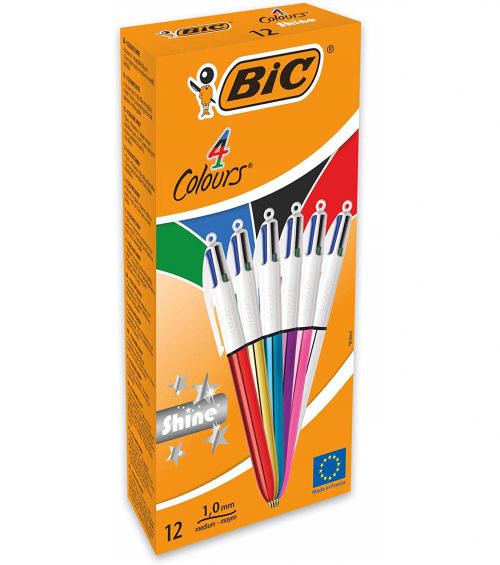 BIC 4 Colours Shine Ballpoint Pen 1.0mm Tip Metallic Colour Barrels Black/Blue/Green/Red Ink (12pk)