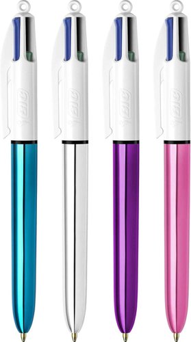 BIC 4 Colours Shine Ballpoint Pen 1.0mm Tip Metallic Colour Barrels Black/Blue/Green/Red Ink (12pk)