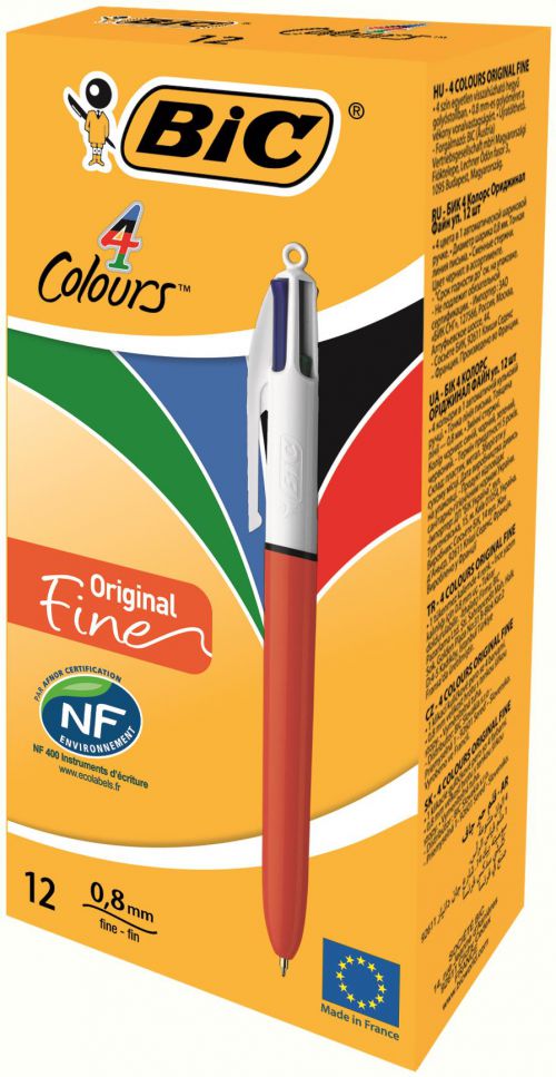 BIC 4 Colours Fine Ballpoint Pen 0.8mm Tip Red/White Barrel Black/Blue/Green/Red Ink (12pk)
