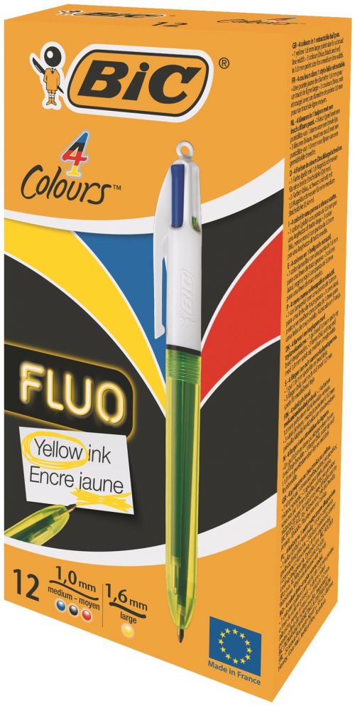 BIC 4 Colours Fluo Ballpoint Pen & Highlighter 1.0mm/1.6mm Tip Yellow/White Barrel Black/Blue/Red/Yellow Ink (12pk)