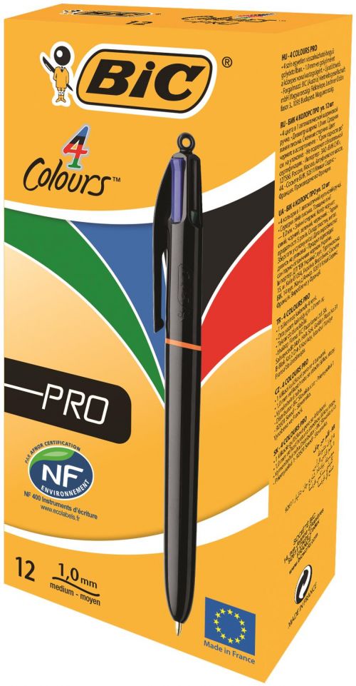 BIC 4 Colours Pro Ballpoint Pen 1.0mm Tip Black Barrel Black/Blue/Green/Red Ink (12pk)