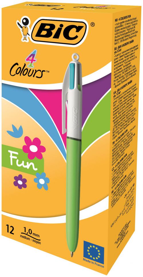 BIC 4 Colours Fashion Ballpoint Pen 1.0mm Tip Light Blue Barrel Lime Green/Pink/Purple/Turquoise Ink (12pk)
