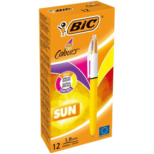 BIC 4 Colours Sun Ballpoint Pen 1.0mm Tip Yellow Barrel Pink/Purple/Orange/Yellow Ink (12pk)