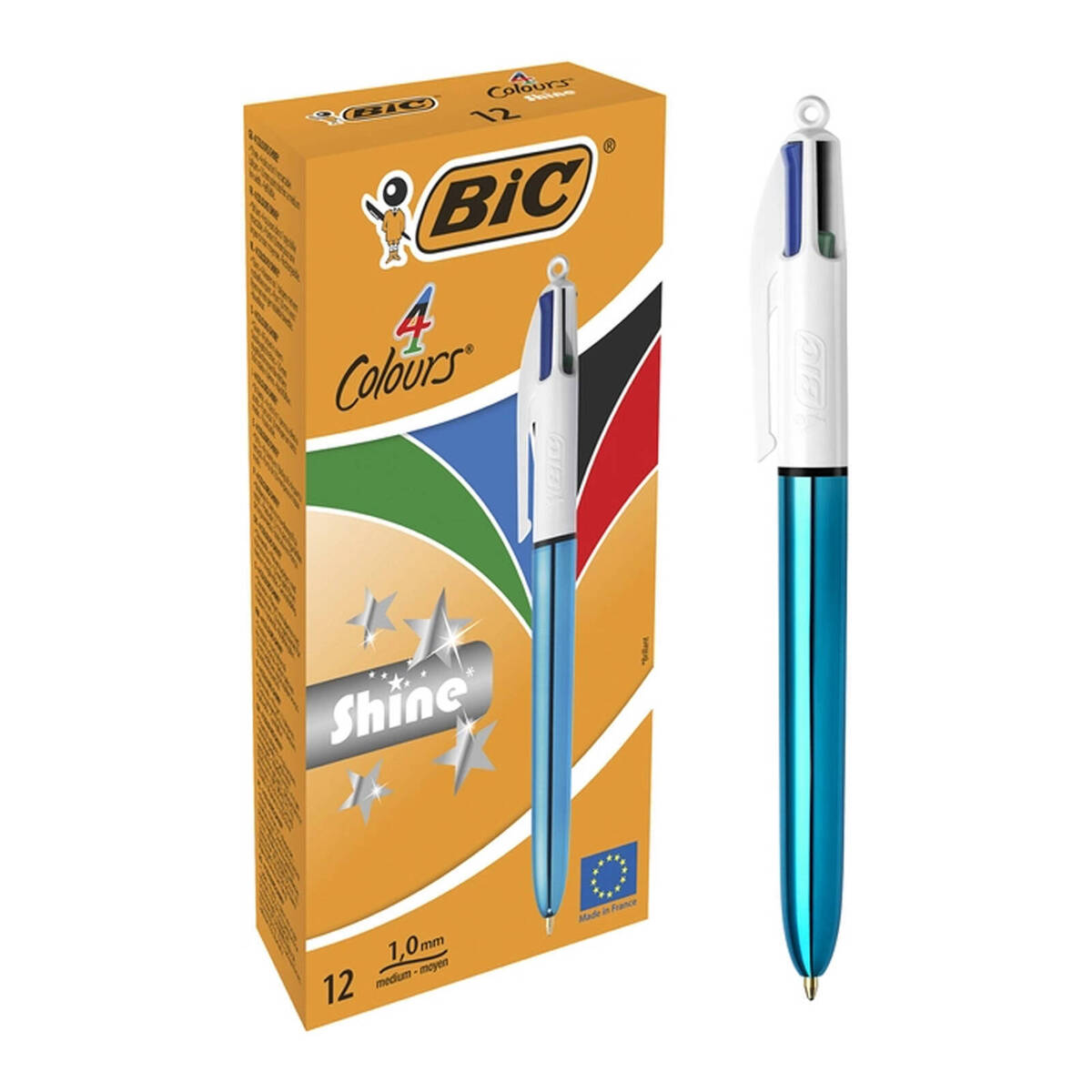 BIC 4 Colours Shine Ballpoint Pen 1.0mm Tip Blue Barrel Black/Blue/Green/Red Ink (12pk)