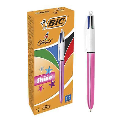 BIC 4 Colours Shine Ballpoint Pen 1.0mm Tip Pink Barrel Black/Blue/Green/Red Ink (12pk)