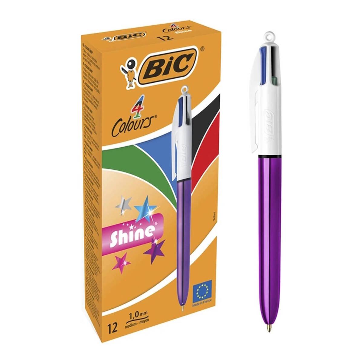 BIC 4 Colours Shine Ballpoint Pen 1.0mm Tip Purple Barrel Black/Blue/Green/Red Ink (12pk)
