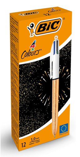 BIC 4 Colours Party Ballpoint Pen Champagne Barrel 1.0mm Tip Black/Blue/Green/Red Ink (12pk)