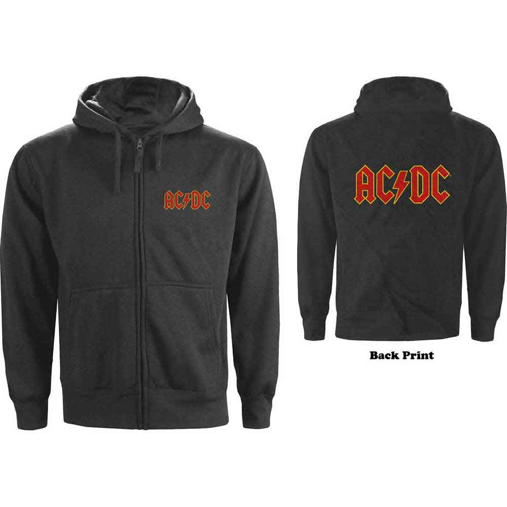 AC/DC Unisex Zipped Hoodie: Logo (Back Print) Charcoal Grey (XXL)