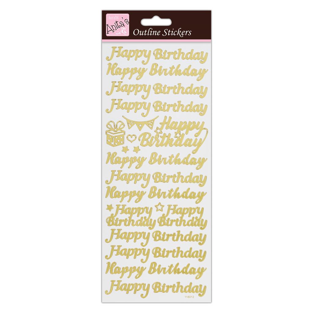 Anita's Outline Stickers - Happy Birthday Gold on White