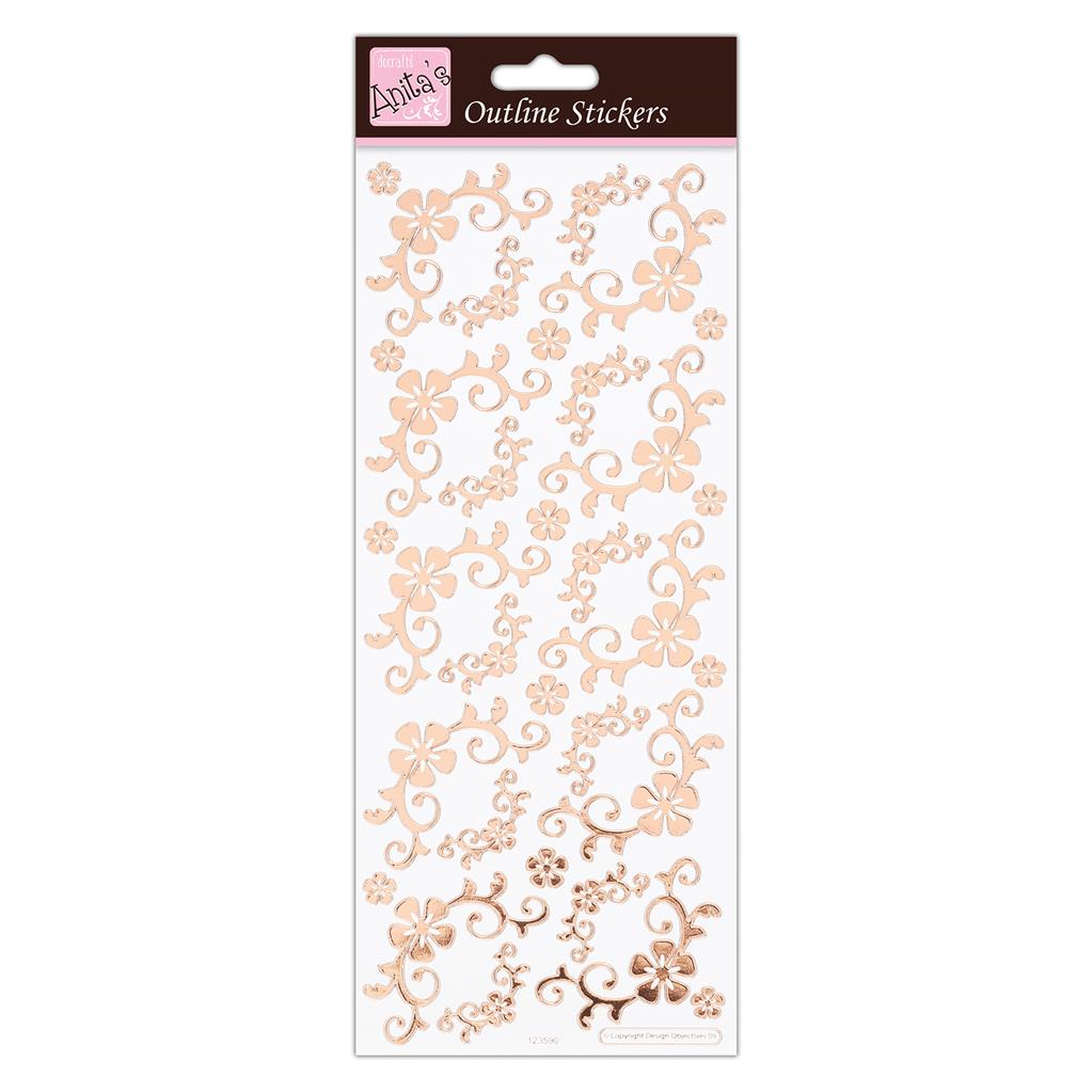 Anita's Outline Stickers - Fanciful Floral Corners Rose Gold on White