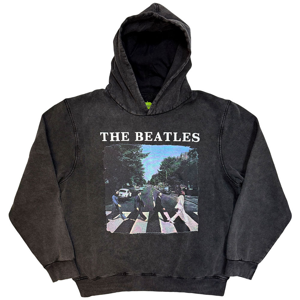 The Beatles Unisex Stone Wash Pullover Hoodie Abbey Road & Logo Charcoal Grey (M)