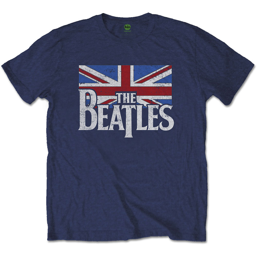 The Beatles Unisex T-Shirt Drop T Logo & Vintage Flag Navy Blue (XXL)