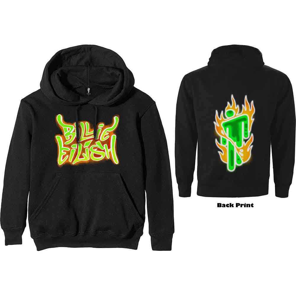 Billie Eilish Unisex Pullover Hoodie Airbrush Flames Blohsh (Back Print) Black (XL)