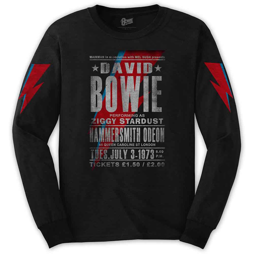 David Bowie Unisex Long Sleeve T-Shirt Hammersmith Odeon (Arm Print) Black (XXL)