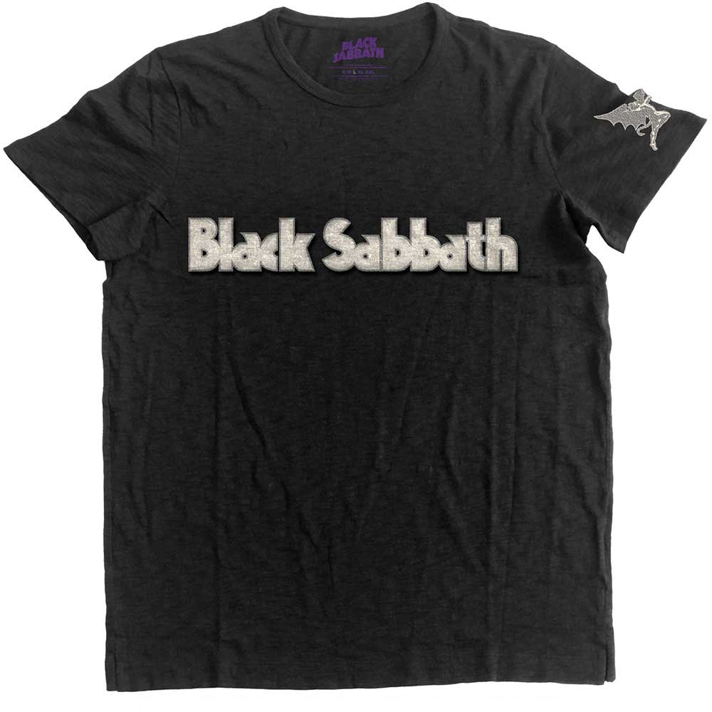 Black Sabbath Men's Fashion T-Shirt Logo & Daemon Applique Motifs Black (XL)