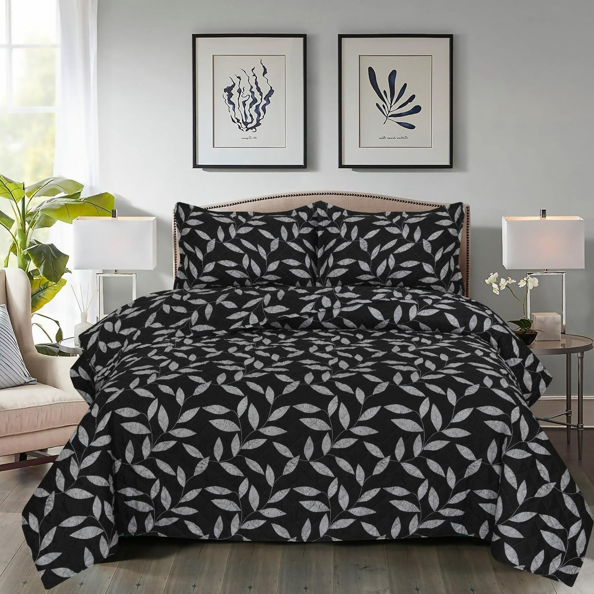 Luxury Quilted Bedspread & Pillowcase Set Black (King)