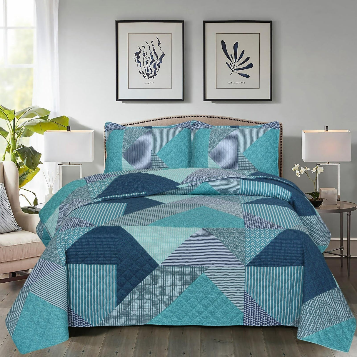 Luxury Quilted Bedspread & Pillowcase Set Blue (King)
