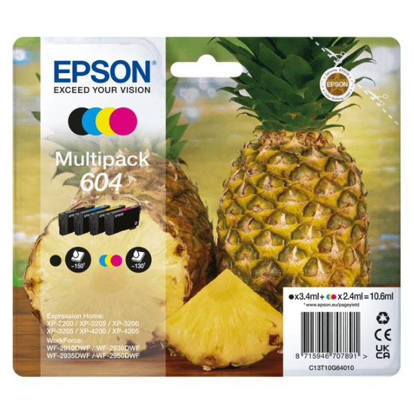 Epson 604 Pineapple Black/Cyan/Magenta/Yellow Standard Capacity Ink Cartridge Multipack