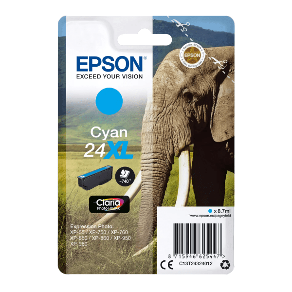 Epson 24XL Elephant Cyan High Yield Ink Cartridge 9ml