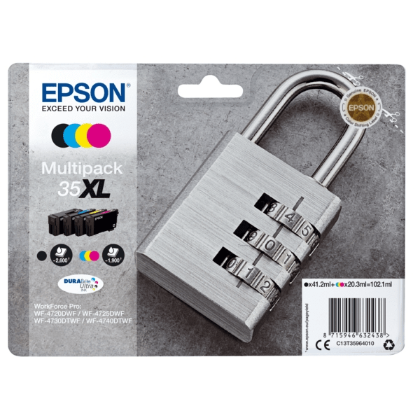 Epson 35XL Padlock Black/Cyan/Magenta/Yellow High Yield Ink Cartridge Multipack
