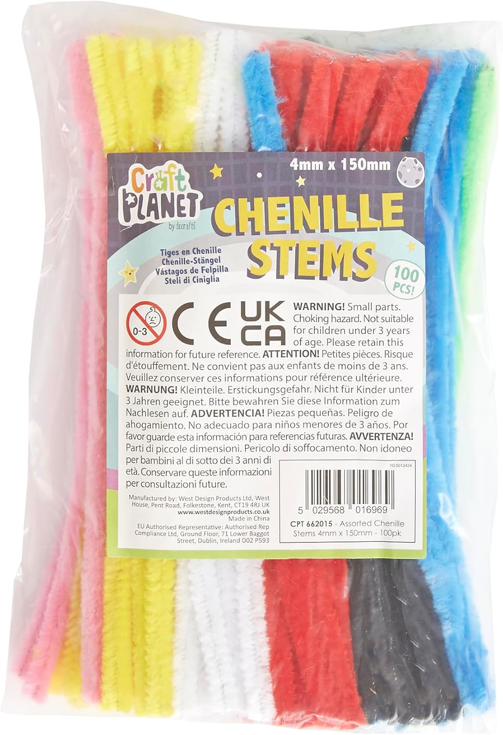 Craft Planet Chenille Stems 4mm x 150mm Assorted Colours (100pk)