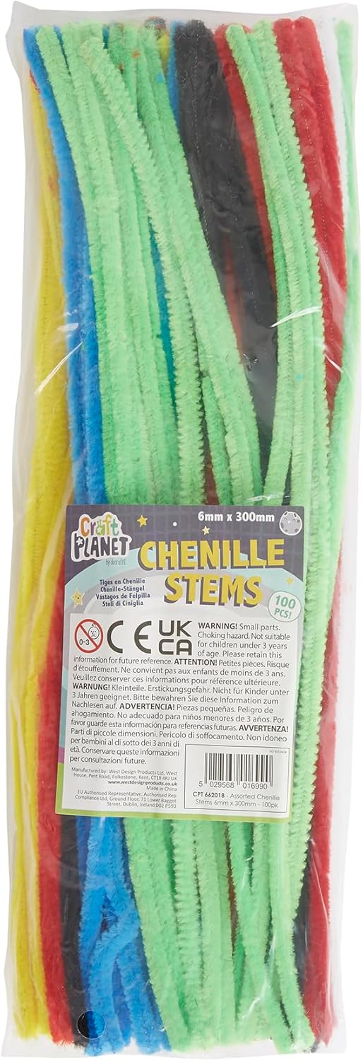 Craft Planet Chenille Stems 6mm x 300mm Assorted Colours (100pk)