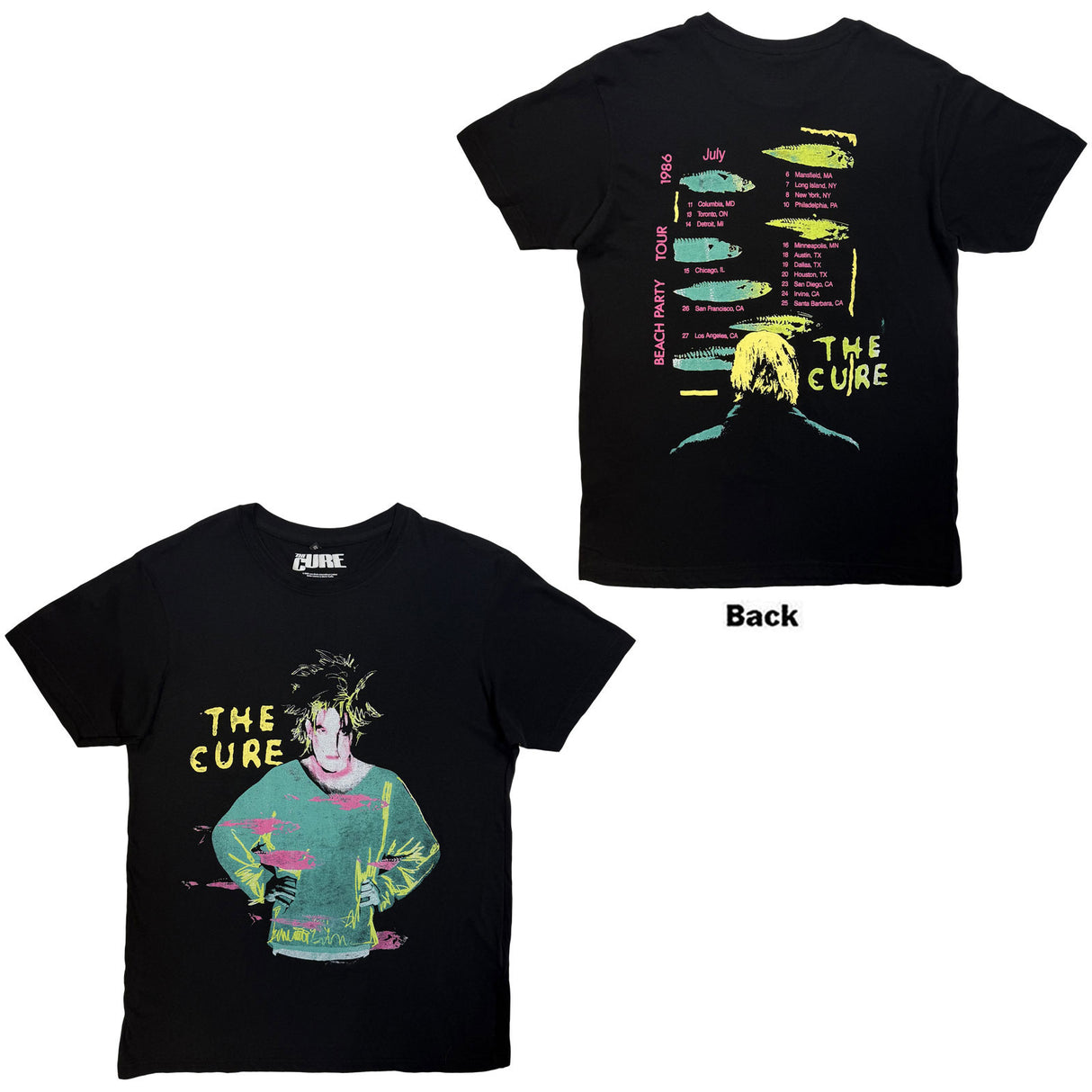The Cure Unisex Carbon T-Shirt Beach Party Tour '86 (Back Print) Black (S)