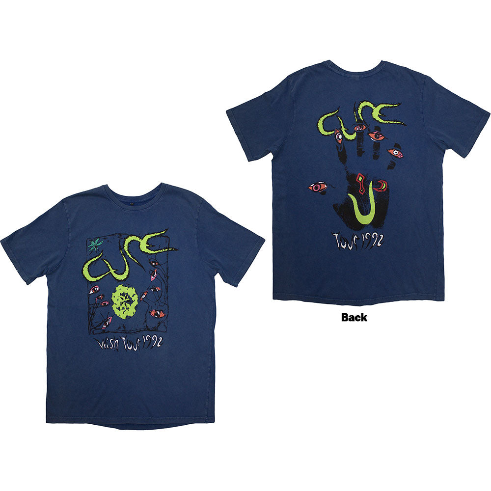 The Cure Unisex Stone Wash T-Shirt Wish Tour '92 (Back Print) Blue (S)