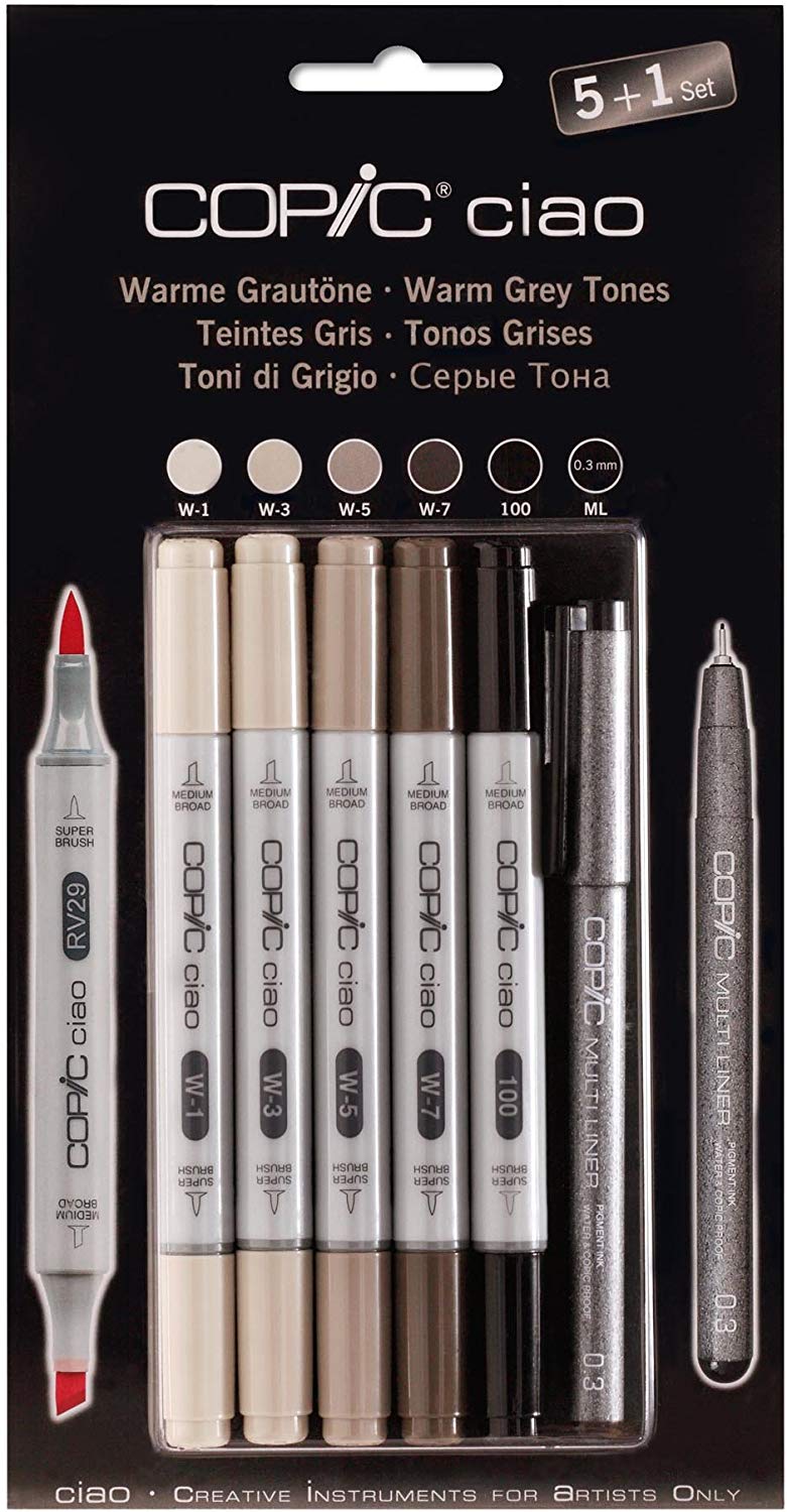 Copic Ciao 5pc + Multiliner Pen Set - Warm Grey Tones