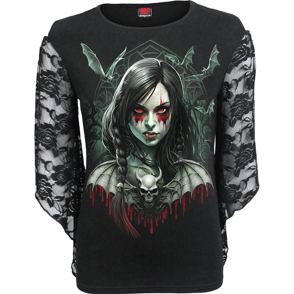 Spiral Ladies Rose Lace Sleeve Top Hallow's Eve Black (L)