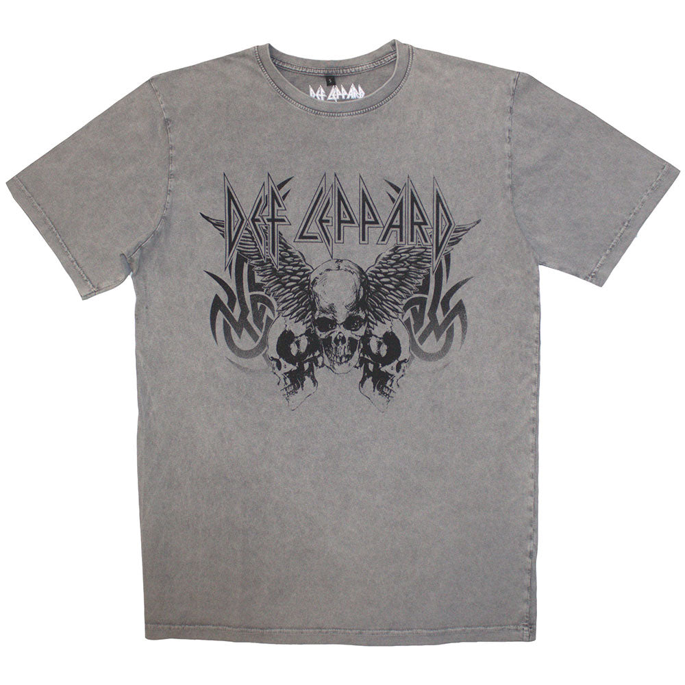 Def Leppard Unisex Stone Wash T-Shirt Tribal Skull Grey (S)