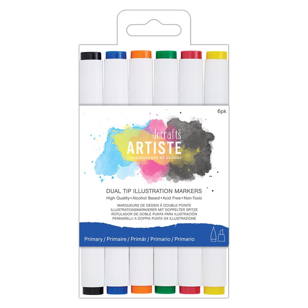 Artiste Dual Tip Illustration Marker Pen Set - Chisel/Brush - Primary (6pk)